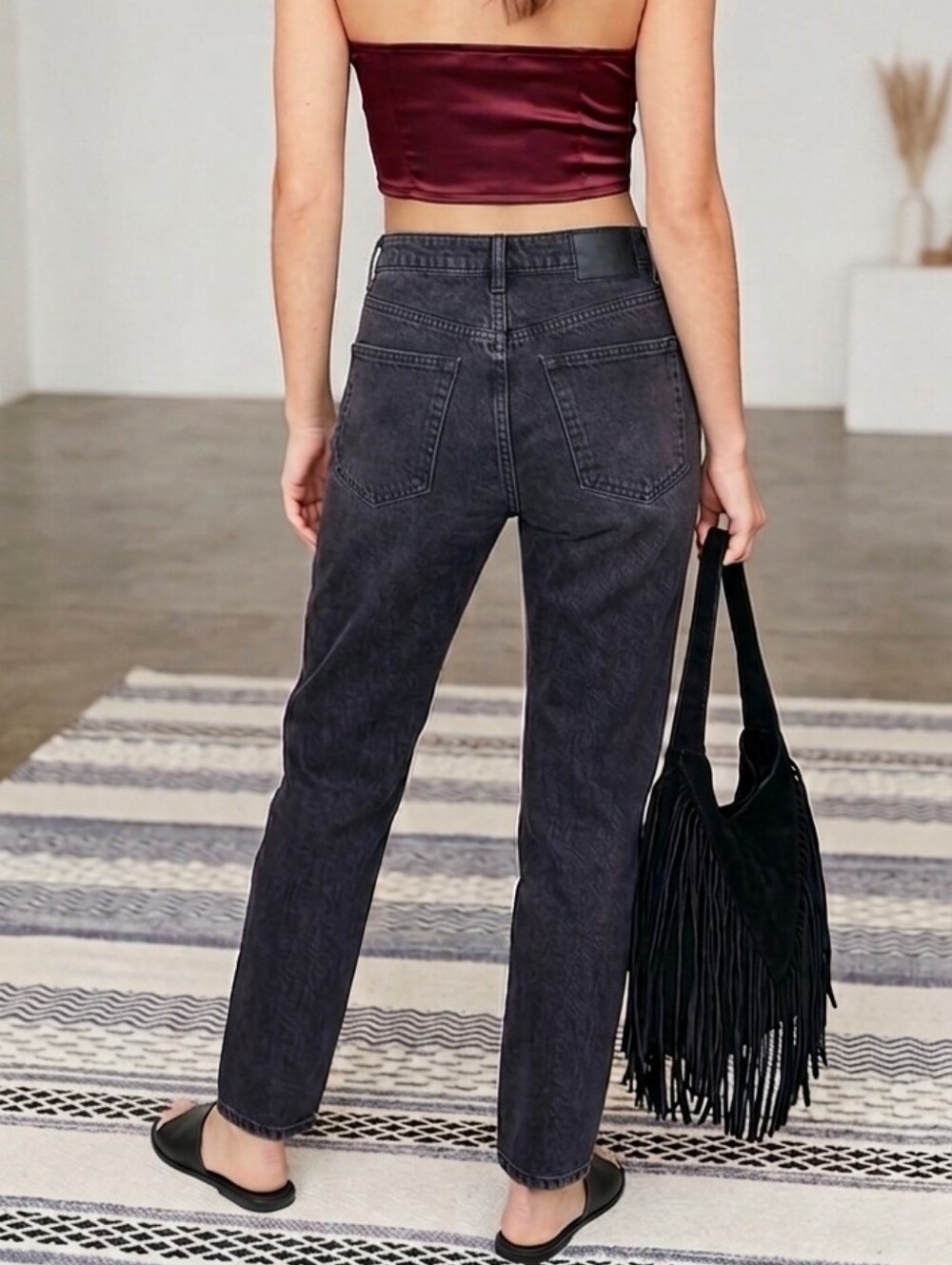 Zara Tapered Charcoal Black Stone Wash Mom Jeans